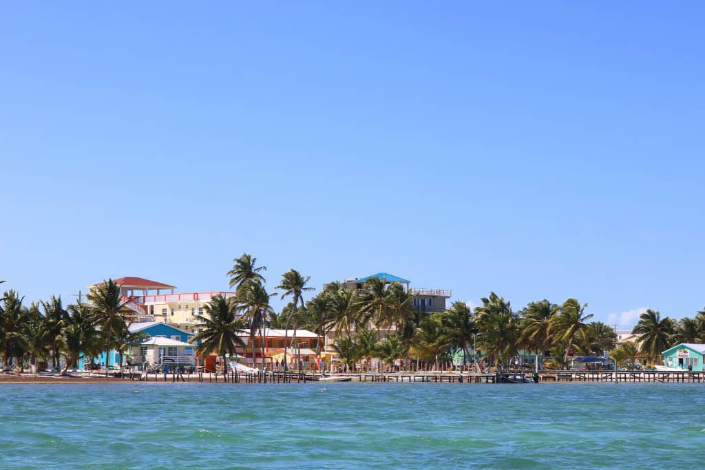 A deep blue ocean in the foreground with a sleepy island with palm tres and scattered brightly colored buildings in the background.