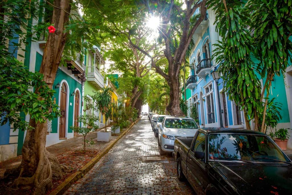 A beautiful cobblestone street surrounded by old turquoise and blue homes with white shutters and the sunlight poking through the trees.