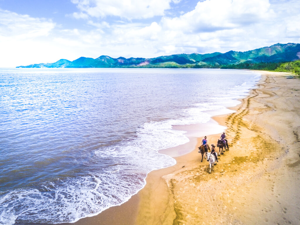 A group of 3 people on horses riding on the beach along the shoreline with tree covered mountains in the background