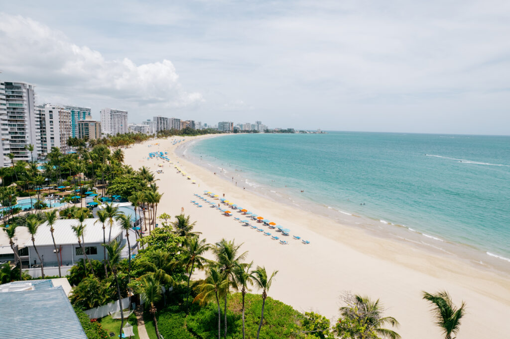 An overhead shot with palm trees in the foreground looking over a beach with brightly colored  umbrellas in the sand along a bright turquoise ocean with a city in the background