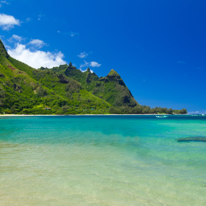 A clear turquoise bay with tall tree filled cliffs in the background