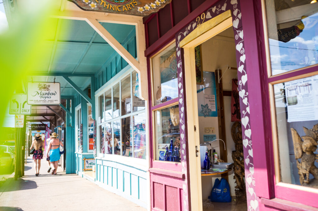 A row of colorful shops