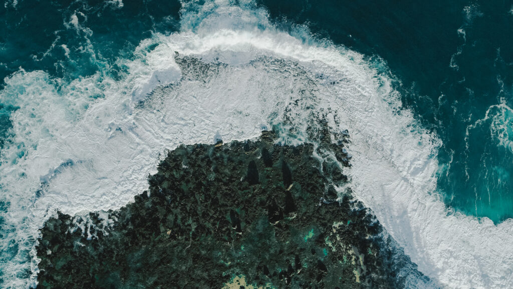 Fierce waves crashing onto a shore with green trees