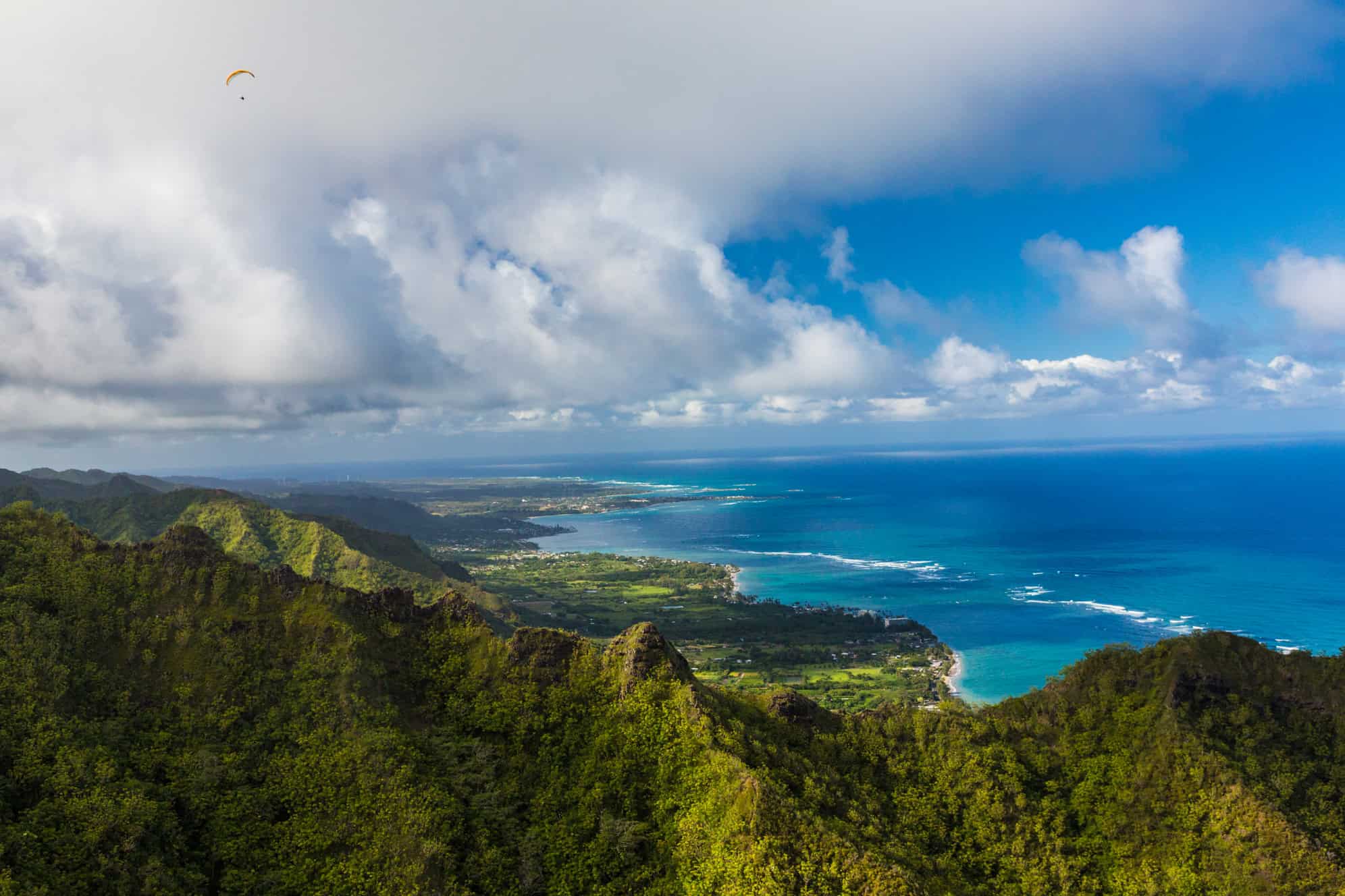 An aerial shot of a mountainous island covered in green trees, with an ocean to the right.