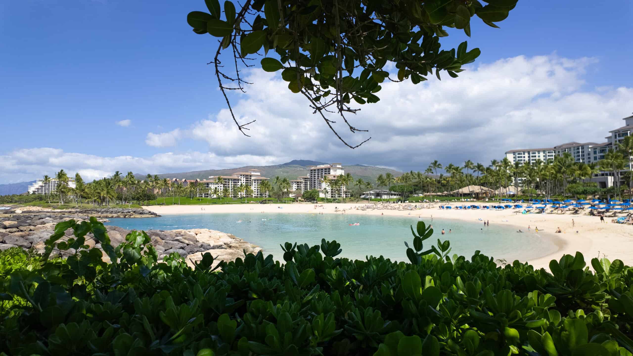 A shot from the trees looking out to a calm turquoise beach lagoon with hotels, trees and mountains in the background.